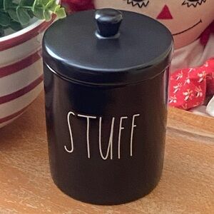Rae Dunn black “STUFF” jar with lid. 5” tall. 3 5/8” in diameter.